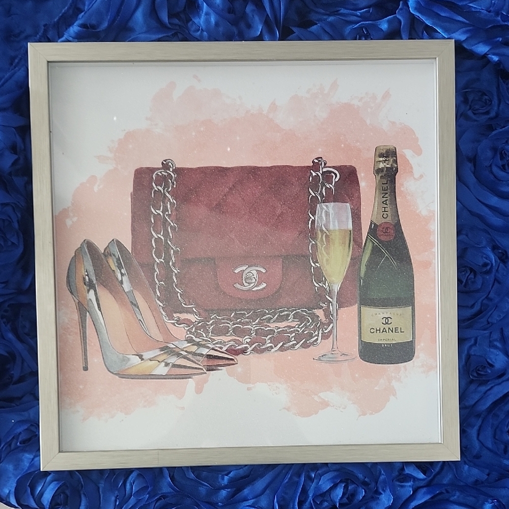 Designer Burgundy Quilted Chain Bag with Champagne and Heels Art Print